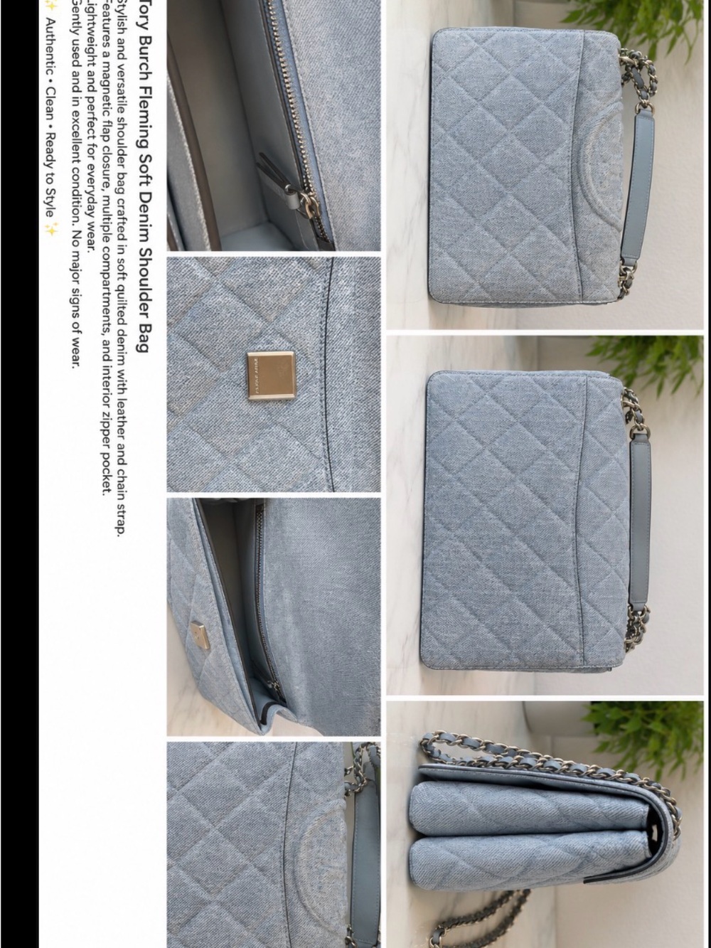 Tory Burch Quilted Light Blue Denim Shoulder Bag